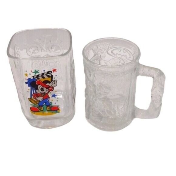 Vintage McDonald's Robin Batman Mug 1995 & Mickey Mouse Glass 2000 Clear Glass - Picture 1 of 12